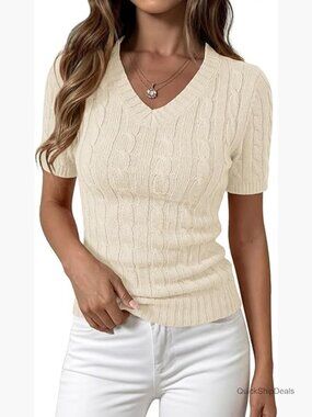 Short Sleeve Cable Knit V-Neck Sweater Fitted Work Top